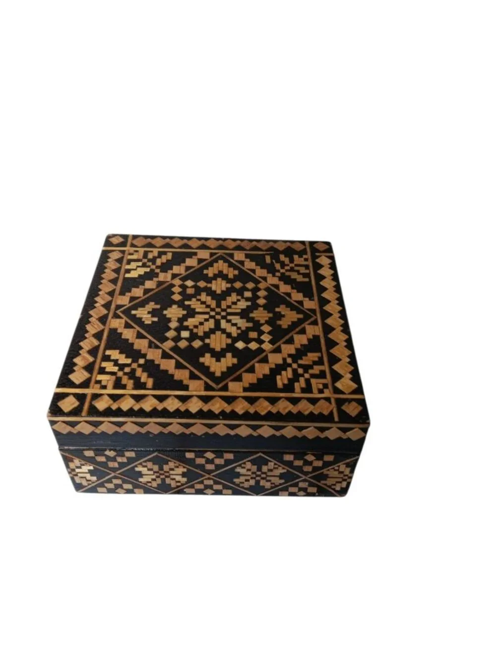 VTG Trinket Box USSR  Soviet Era Straw Inlay Fabric Lined Gift Box 4.75 Square